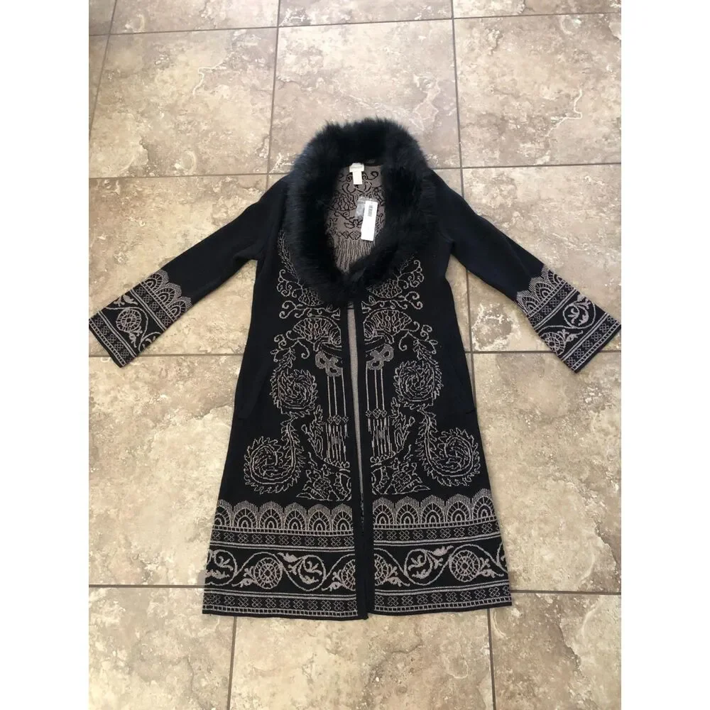 NWT Chicos Faux Fur Collar Lurex Cardigan Sweater Long Black Gold Metallic 0P/ S